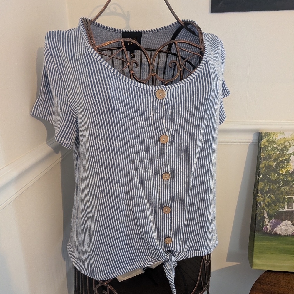 W5 Blue Striped Button-Front Tie-Hem Women's Top